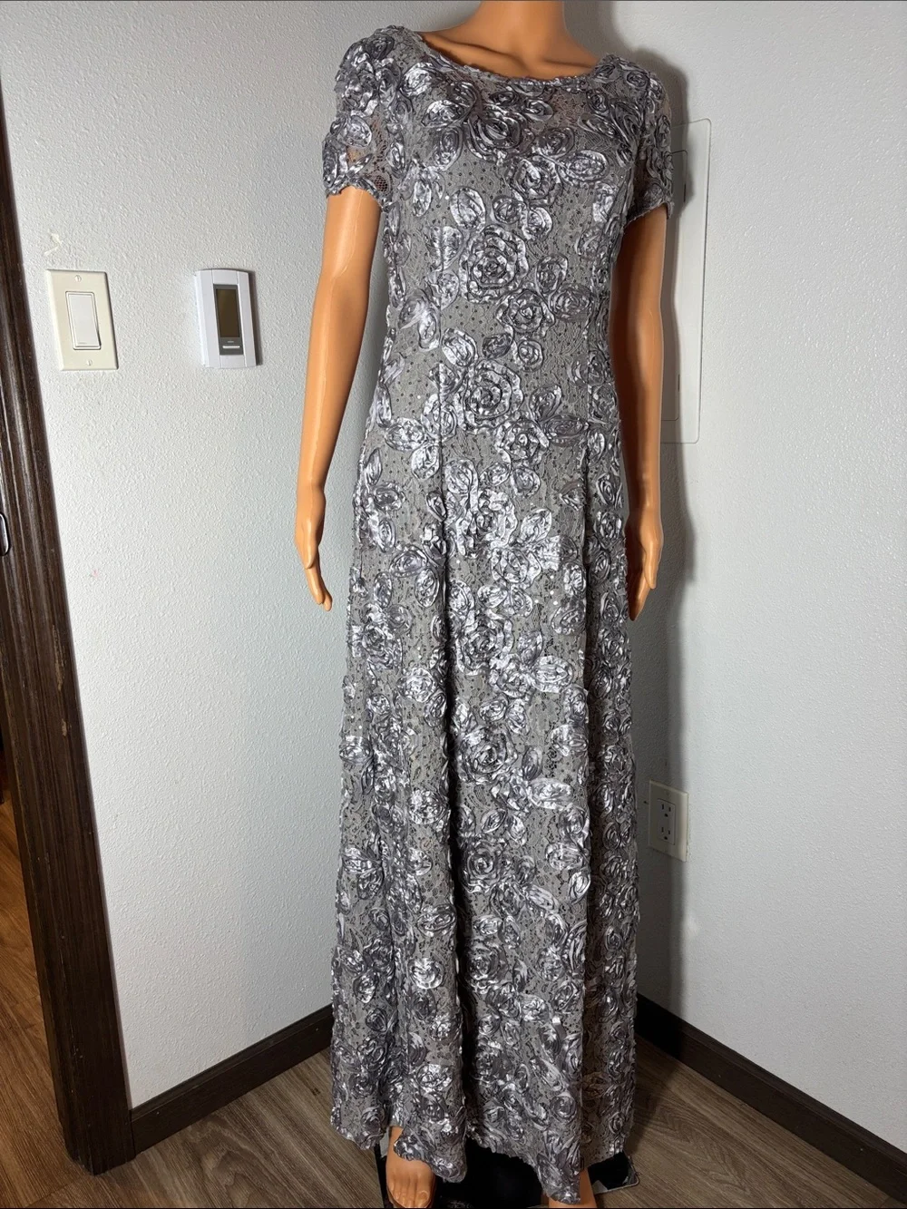 Alex Evenings Silver Floral Sequin Maxi Dress - Picture 1 of 5
